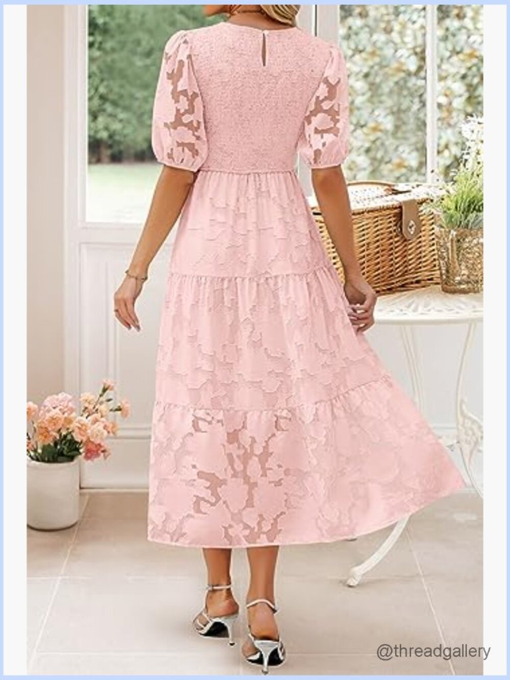 Puff Sleeve Smocked Floral Lace Tiered Maxi Dress - Picture 4 of 7